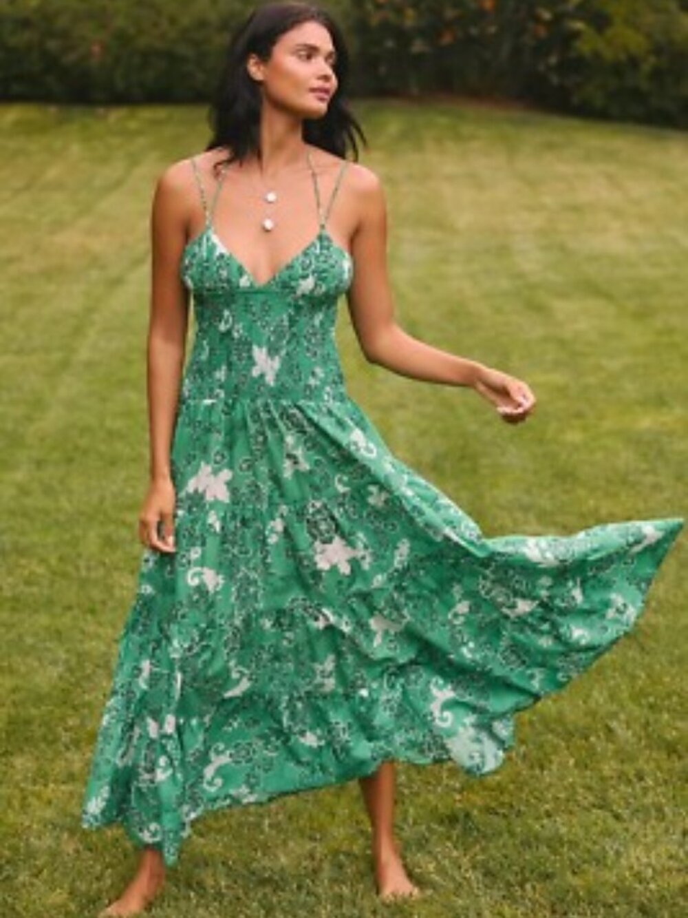 New Anthropologie The Josephine Smocked Drop-Waist Dress Green Floral Dress Sz L